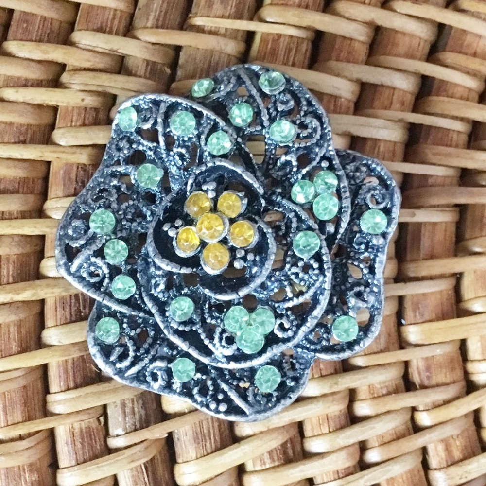 Floral Flower Green & Yellow Silver Pin Brooch